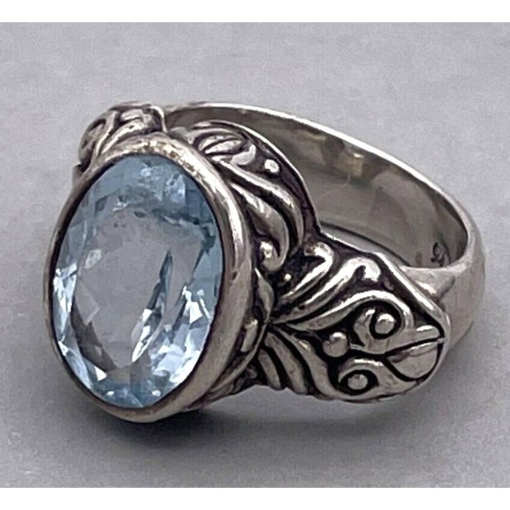Bask Sterling Silver Blue Topaz Gemstone Engraved Ring 6.25
